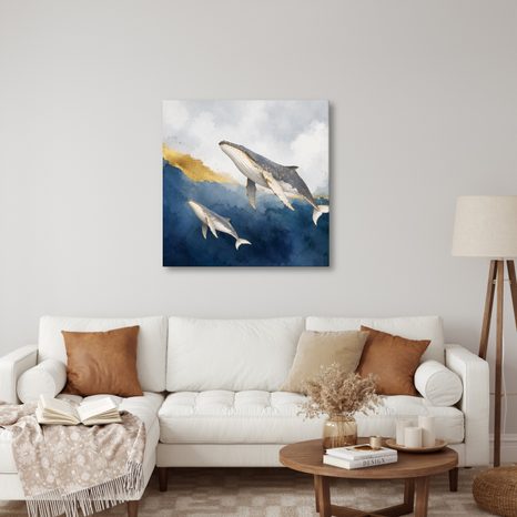 TABLEAU SUR TOILE – COUPLE DE BALEINES DANS L’OCÉAN BLEU - TABLEAUX DE BALEINE - TABLEAUX