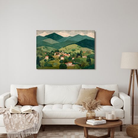 WANDBILD LÄNDLICHE LANDSCHAFT IM TAL - BUNTE HÄUSER - BILDER