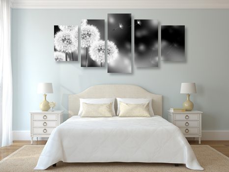 5-DÍLNÝ OBRAZ NADÝCHANÁ PAMPELIŠKA V ČERNOBÍLÉM PROVEDENÍ - ČERNOBÍLÉ OBRAZY - OBRAZY