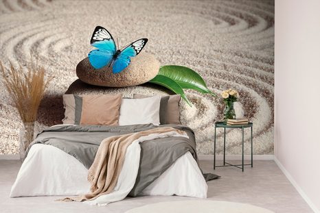 FOTÓTAPÉTA KÉK PILLANGÓ A ZEN KÖVÖN - FENG SHUI TAPÉTÁK - TAPÉTÁK