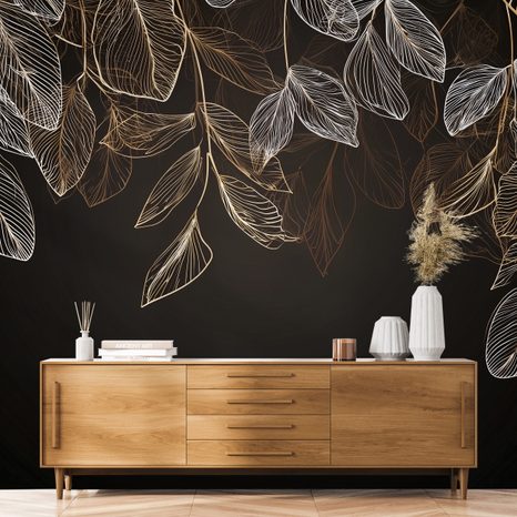 ZELFKLEVEND FOTOBEHANG ELEGANTE GOUDEN BLADEREN OP DONKERE ACHTERGROND - FOTOBEHANG BLADEREN - FOTOBEHANG