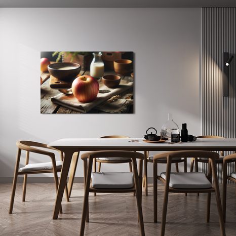WANDBILD APFEL AUF HOLZTISCH - BILDER VON ESSEN UND GETRÄNKEN - BILDER