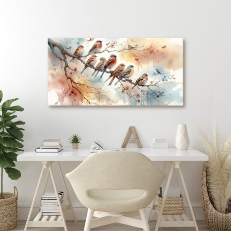 OBRAZ BAREVNÍ PTÁČCI NA VĚTVI - OBRAZY PTÁCI - OBRAZY
