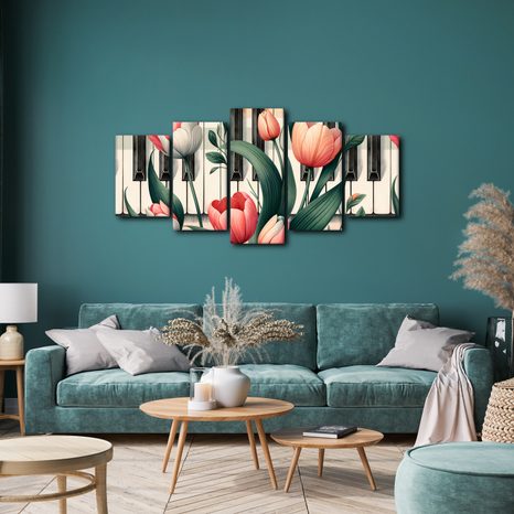 5-DÍLNÝ OBRAZ JARNÍ TÓNY KVĚTIN NA KLAVIATUŘE - OBRAZY KVĚTŮ - OBRAZY