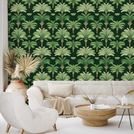 SAMOLEPÍCÍ TAPETA ZELENÉ PALMY NA TMAVÉM POZADÍ - VZOROVANÉ TAPETY - TAPETY