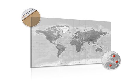 WANDBILD AUF KORK SCHÖNE SCHWARZ-WEISSE WELTKARTE - WANDBILDER AUF KORK - BILDER