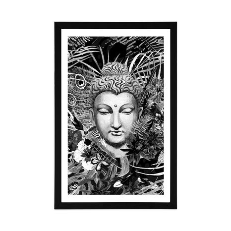 POSTER WITH MOUNT BUDDHA ON AN EXOTIC BACKGROUND IN BLACK AND WHITE - BLACK AND WHITE - POSTERS