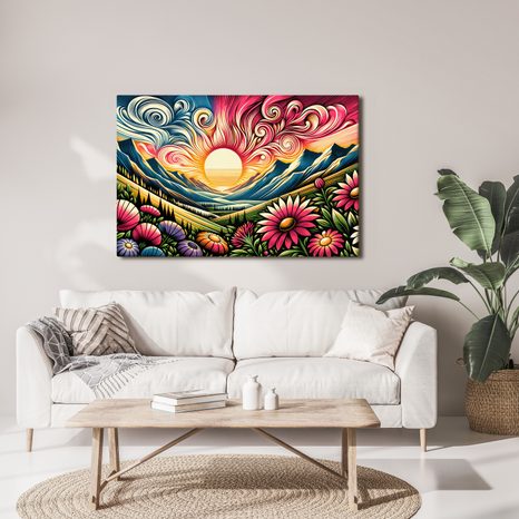 WANDBILD STRAHLENDE LANDSCHAFT MIT BLUMEN UND SONNE - WANDBILDER FELDER UND WIESEN - BILDER
