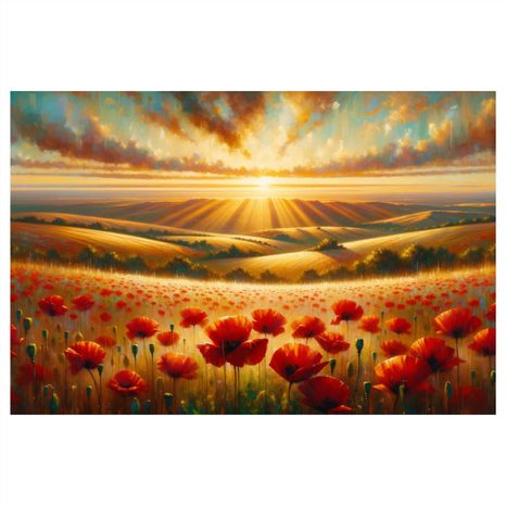 WANDBILD SONNENUNTERGANG ÜBER MOHNFELD - BILDER VON SONNENAUFGANG UND SONNENUNTERGANG - BILDER