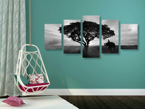 5-DÍLNÝ OBRAZ SLON PŘI VÝCHODU SLUNCE V ČERNOBÍLÉM PROVEDENÍ - ČERNOBÍLÉ OBRAZY - OBRAZY