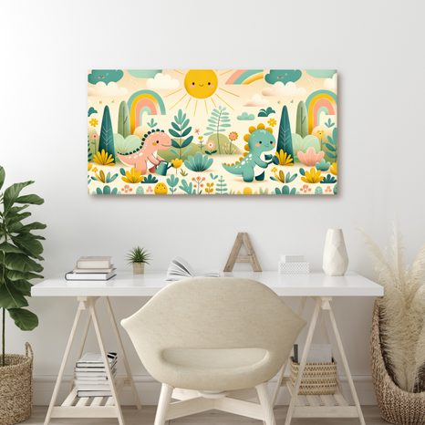 OBRAZ DINOSAUŘÍ KAMARÁDI V BAREVNÉ ZAHRADĚ - DĚTSKÉ OBRAZY ZVÍŘÁTKA - OBRAZY