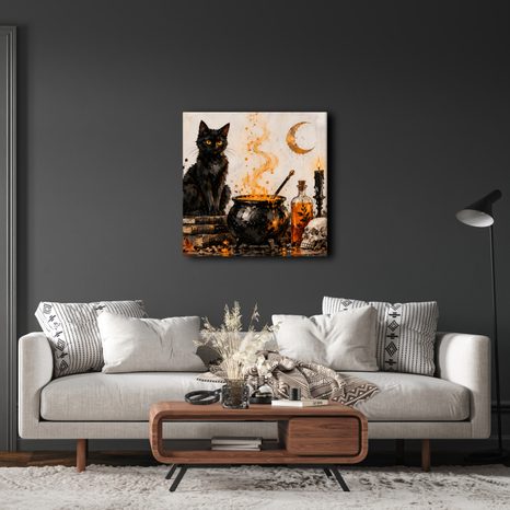 QUADRO SU TELA – GATTO MISTERIOSO ACCANTO AL CALDERONE - QUADRI HALLOWEEN E HORROR - STAMPE E QUADRI