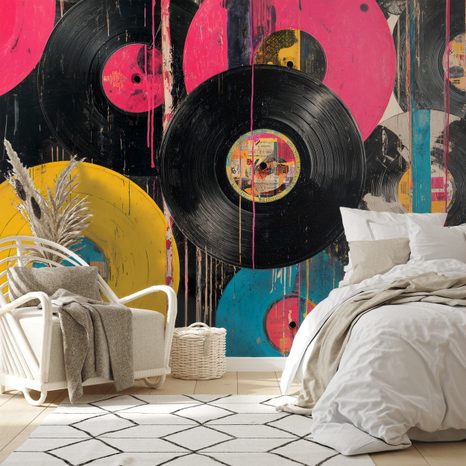 TAPETE BUNTE RETRO-VINYLPLATTEN - MUSIK FOTOTAPETEN - TAPETEN