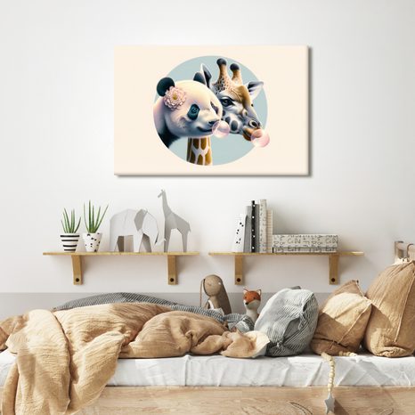 WANDBILD PANDA UND GIRAFFE MIT KAUGUMMIBLASE - KINDERBILDER TIERE - BILDER