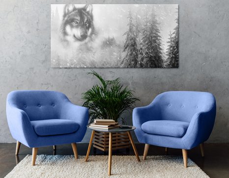 OBRAZ VLK V ZASNĚŽENÉ KRAJINĚ V ČERNOBÍLÉM PROVEDENÍ - ČERNOBÍLÉ OBRAZY - OBRAZY