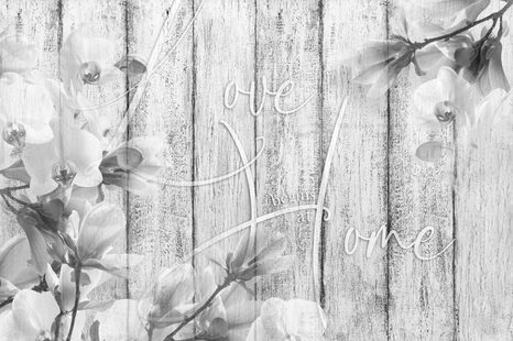 CARTA DA PARATI – NATURA IN BIANCO E NERO CON SCRITTA - LOVE BEGINS AT HOME - CARTA DA PARATI BIANCO E NERO - CARTA DA PARATI