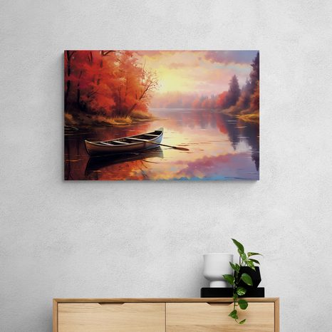 OBRAZ ČLUN V KLIDNÉM VÝCHODĚ SLUNCE - OBRAZY JEZERA - OBRAZY