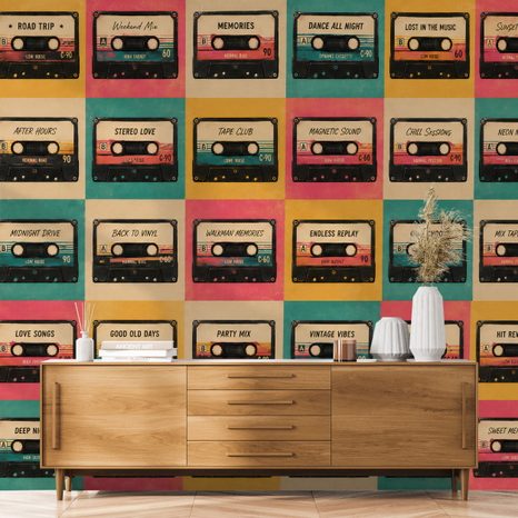 SAMOLEPILNA TAPETA RETRO KASETE V VINTAGE SLOGU - GLASBENE FOTOTAPETE - TAPETE