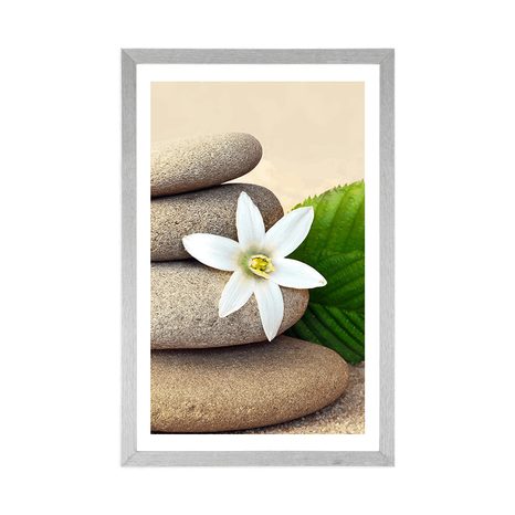 POSTER WITH MOUNT WHITE FLOWER AND STONES IN THE SAND - FENG SHUI - POSTERS