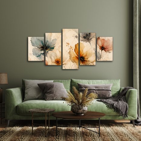 TABLEAU EN 5 PARTIES – FLEURS AQUARELLÉES AUX TONS DÉLICATS - TABLEAUX DE FLEURS - TABLEAUX