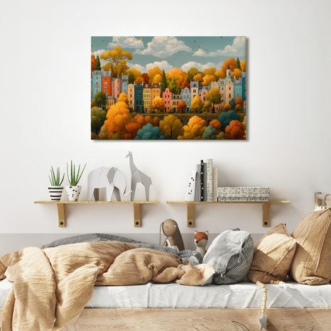 WANDBILD HERBSTSTADT ZWISCHEN BÄUMEN - BUNTE HÄUSER - BILDER