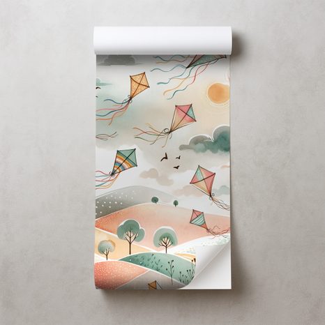 SELBSTKLEBENDE TAPETE PASTELLFARBENE FLIEGENDE DRACHEN AM HIMMEL - KINDERTAPETEN - TAPETEN