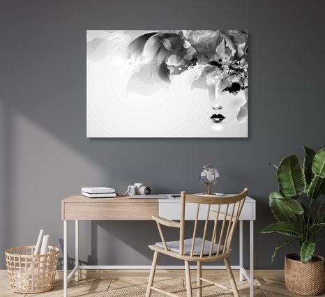 OBRAZ MÓDNÍ ŽENSKÁ TVÁŘ S ABSTRAKTNÍMI PRVKY V ČERNOBÍLÉM PROVEDENÍ - ČERNOBÍLÉ OBRAZY - OBRAZY