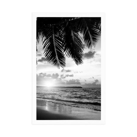 AFFICHE – LEVER DE SOLEIL SUR PLAGE DES CARAÏBES EN NOIR ET BLANC - NOIR ET BLANC - AFFICHES