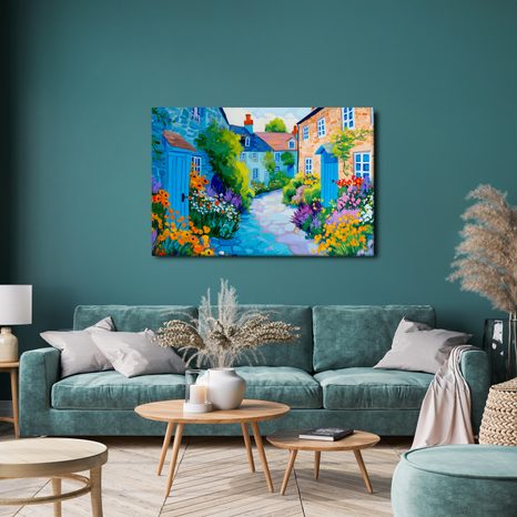 OBRAZ LETNÍ ULIČKA PLNÁ KVĚTIN - BAREVNÉ DOMY - OBRAZY