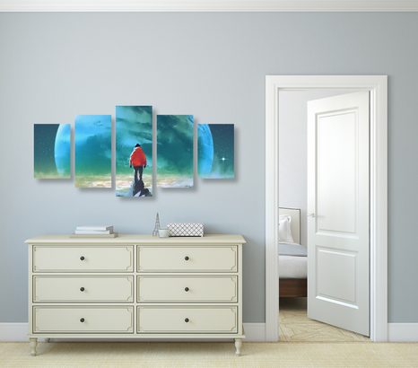 5-TEILIGES WANDBILD MANN AUF DEM GIPFEL EINES BERGES - BILDER VON MENSCHEN - BILDER