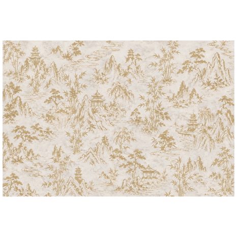 TAPETA BÉŽOVO ZLATÁ ORIENTÁLNÍ KRAJINA S PAGODAMI - TAPETY FENG SHUI - TAPETY