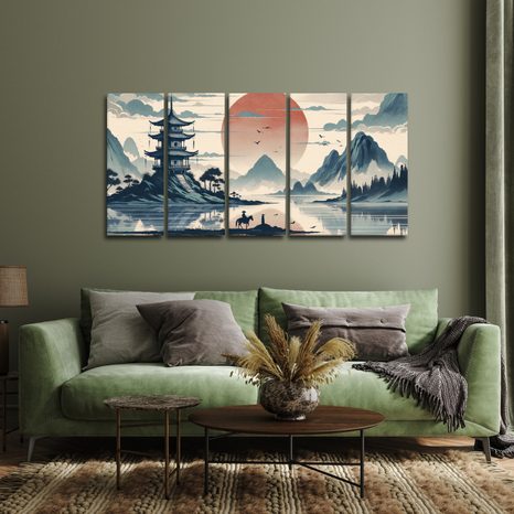 5-DÍLNÝ OBRAZ TICHÝ VEČER V JAPONSKU - OBRAZY VÝCHOD A ZÁPAD SLUNCE - OBRAZY