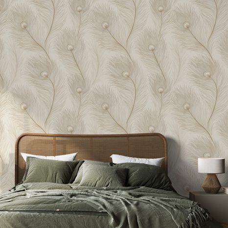 SAMOLEPÍCÍ FOTOTAPETA BÉŽOVÁ ELEGANCE S PTAČÍMI PERY - VZOROVANÉ TAPETY - TAPETY