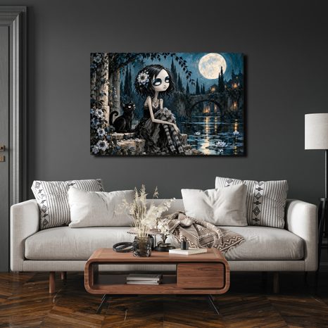 QUADRO SU TELA – RAGAZZA GOTICA CON GATTO NERO - QUADRI HALLOWEEN E HORROR - STAMPE E QUADRI