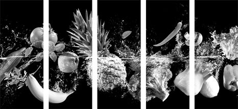 5-TEILIGES WANDBILD BIO-OBST UND GEMÜSE IN SCHWARZ-WEISS - SCHWARZ-WEISSE BILDER - BILDER