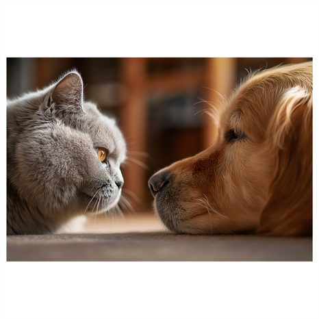 WANDBILD KATZENBLICK UND HUNDEFREUNDSCHAFT - BILDER TIERE - BILDER