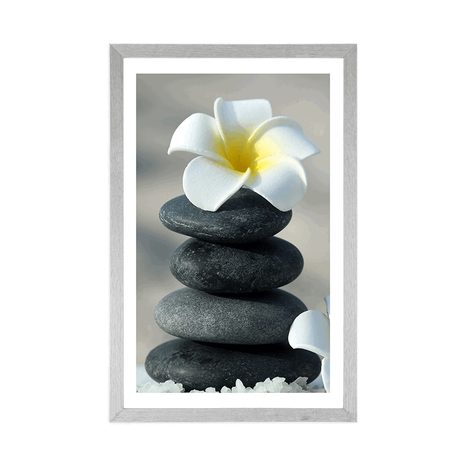 POSTER MIT PASSEPARTOUT HARMONISCHE STEINE UND PLUMERIA-BLÜTE - FENG SHUI - POSTER