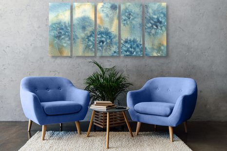 5-DÍLNÝ OBRAZ MODRÁ PAMPELIŠKA V AKVARELOVÉM PROVEDENÍ - OBRAZY KVĚTŮ - OBRAZY