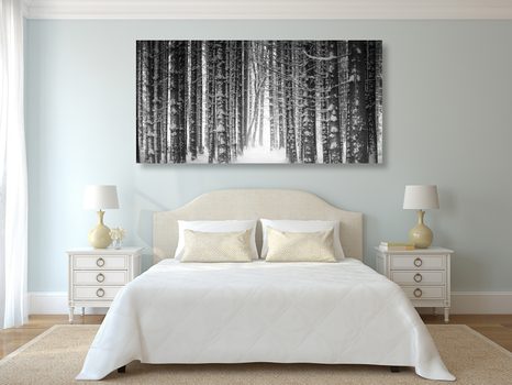 SLIKA ZASNEŽENI GOZD V ČRNOBELI IZVEDBI - ČRNOBELE SLIKE - SLIKE