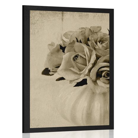 POSTER ROSEN IN DER VASE IN SEPIA - SCHWARZ-WEISS - POSTER