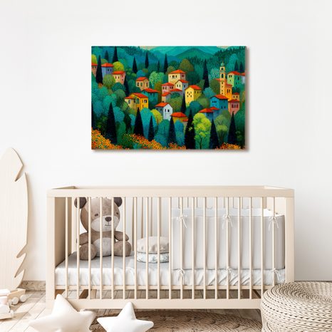 OBRAZ VESNICE V LETNÍM LESE - BAREVNÉ DOMY - OBRAZY