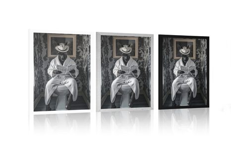 POSTER SCHWARZES PFERD MIT EINER ZEITUNG AUF DEM KLO - PFERDE - POSTER