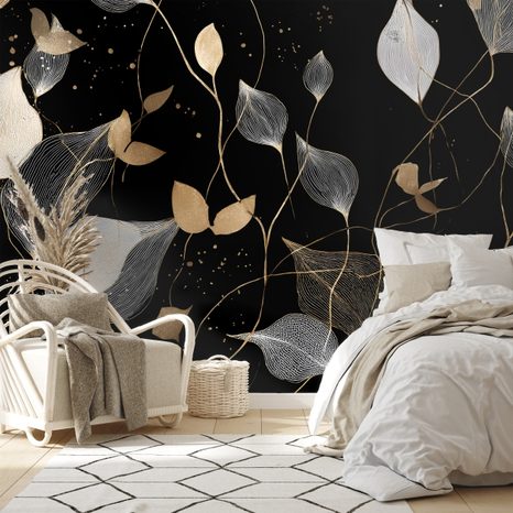 SAMOLEPIACA FOTOTAPETA ZLATÉ A BIELE LISTY NA ČIERNEJ - TAPETY LISTY - TAPETY