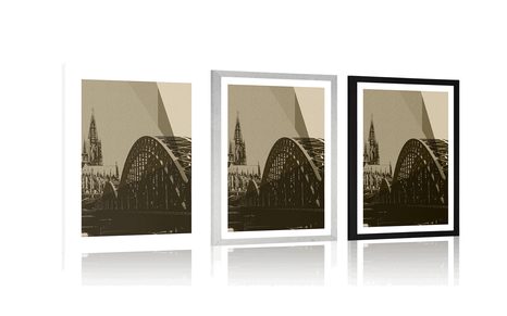 POSTER WITH MOUNT ILLUSTRATION OF THE CITY OF COLOGNE IN SEPIA - BLACK AND WHITE - POSTERS