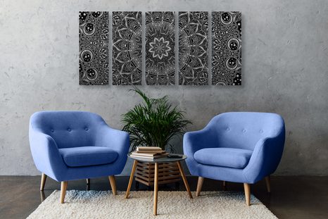 5-DÍLNÝ OBRAZ ORIENTÁLNÍ MANDALA V ČERNOBÍLÉM PROVEDENÍ - ČERNOBÍLÉ OBRAZY - OBRAZY