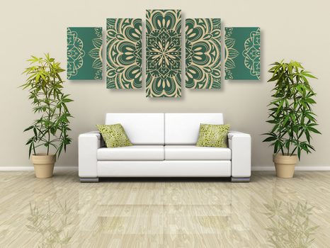 TABLOU 5-PIESE MANDALA PE UN FUNDAL TURCOAZ - TABLOURI FENG SHUI - TABLOURI