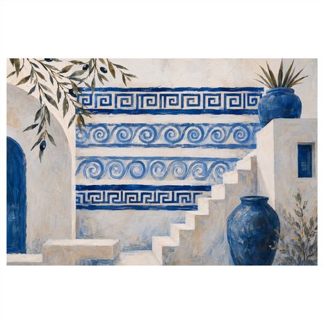 TABLEAU SUR TOILE – ESCALIER GREC EN ÉLÉGANCE BLEU ET BLANC - TABLEAUX DE LA VILLE - TABLEAUX