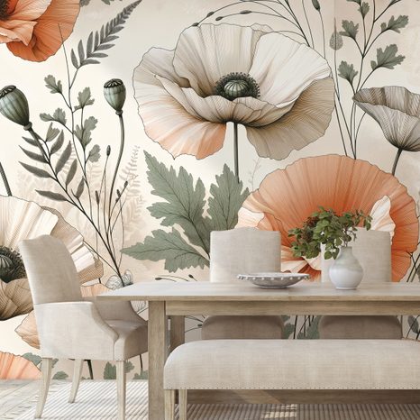SAMOLEPÍCÍ TAPETA PASTELOVÉ MAKOVÉ KVĚTY - WALLPAPERS POPPIES - WALLPAPERS