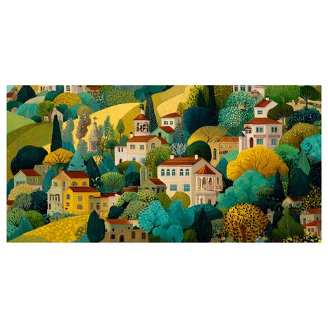 OBRAZ HARMONICKÉ SOUŽITÍ DOMŮ A STROMŮ - BAREVNÉ DOMY - OBRAZY