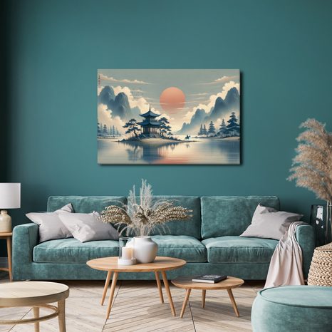 OBRAZ JAPONSKÝ CHRÁM A JEZERO - OBRAZY VÝCHOD A ZÁPAD SLUNCE - OBRAZY